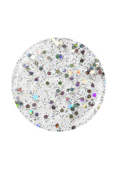 A round shape with sparkly water texture nail polish sample color swatch in white setting